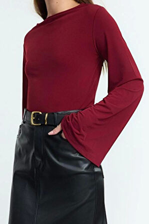 Kadın Moda Şık Üst Giyim Regular Kayık Yaka İspanyol Kol Relaxed Kalıp Örme Rahat Kalıp Esnek Bluz