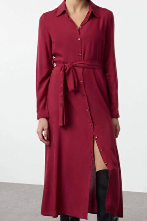 Kadın Moda Şık Midi Boy Gömlek Yaka Relaxed Kuşaklı Viskon Dokuma Elbise