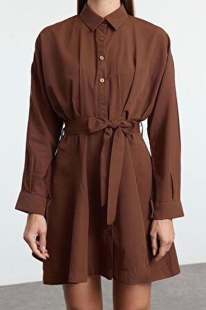 Kadın Moda Şık Mini Boy Gömlek Yaka Regular Kahverengi001 Çizgili Dokuma Elbise