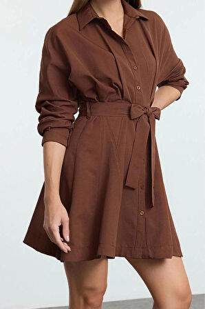 Kadın Moda Şık Mini Boy Gömlek Yaka Regular Kahverengi001 Çizgili Dokuma Elbise