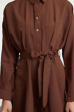 Kadın Moda Şık Mini Boy Gömlek Yaka Regular Kahverengi001 Çizgili Dokuma Elbise