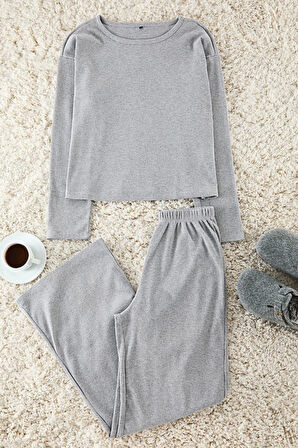 Kadın Moda Şık Bisiklet Yaka Geniş Paça Uzun Kol Fitilli Örme Pijama Takımı