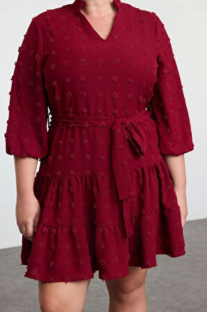 Kadın Moda Büyük Beden Midi Boy V Yaka Fitted Balon Kol Kuşaklı Ponponlu Dokuma Büyük Beden Elbise