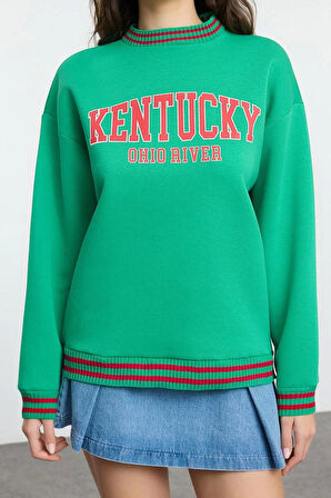 Kadın Moda Bol Dik Yaka Düşük Kol Uzun Slogan Baskılı Geniş Kalıp Kalın İçi Polarlı Örme Sweatshirt