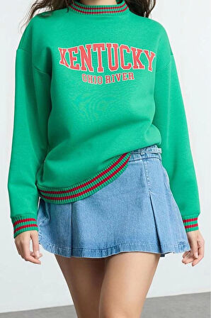 Kadın Moda Bol Dik Yaka Düşük Kol Uzun Slogan Baskılı Geniş Kalıp Kalın İçi Polarlı Örme Sweatshirt