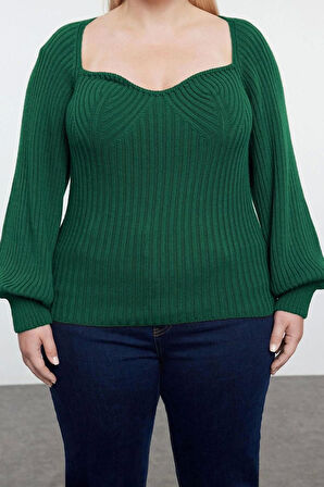 Kadın Moda Şık Büyük Beden Kalp Yaka Reglan Kol Regular Fitilli Triko Kazak