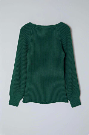 Kadın Moda Şık Büyük Beden Kalp Yaka Reglan Kol Regular Fitilli Triko Kazak