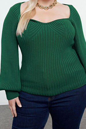 Kadın Moda Şık Büyük Beden Kalp Yaka Reglan Kol Regular Fitilli Triko Kazak