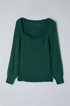 Kadın Moda Şık Büyük Beden Kalp Yaka Reglan Kol Regular Fitilli Triko Kazak