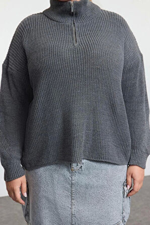 Kadın Moda Şık Büyük Beden Dik Yaka Düşük Kol Regular Fermuarlı Yaka Triko Kazak