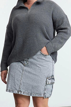 Kadın Moda Şık Büyük Beden Dik Yaka Düşük Kol Regular Fermuarlı Yaka Triko Kazak