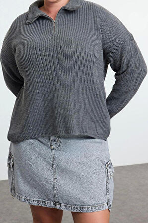 Kadın Moda Şık Büyük Beden Dik Yaka Düşük Kol Regular Fermuarlı Yaka Triko Kazak