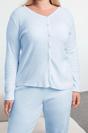 Kadın Moda Şık Büyük Beden V Yaka Boru Paça Uzun Kol Fırçalı Soft Fitilli Hırkalı Örme Pijama Takımı