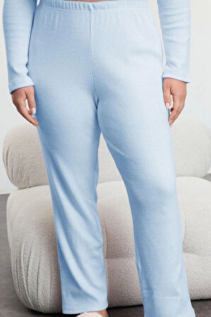 Kadın Moda Şık Büyük Beden V Yaka Boru Paça Uzun Kol Fırçalı Soft Fitilli Hırkalı Örme Pijama Takımı
