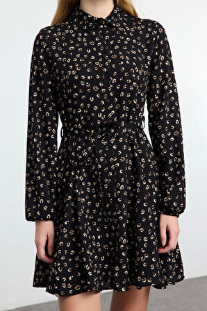 Kadın Moda Şık Mini Boy Gömlek Yaka Regular Kuşaklı Animal Dokuma Elbise