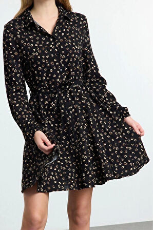 Kadın Moda Şık Mini Boy Gömlek Yaka Regular Kuşaklı Animal Dokuma Elbise