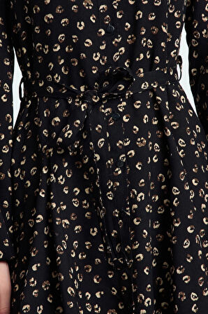 Kadın Moda Şık Mini Boy Gömlek Yaka Regular Kuşaklı Animal Dokuma Elbise