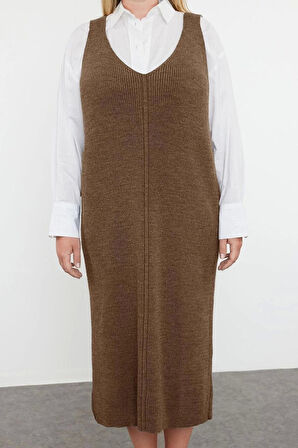 Kadın Moda Şık Büyük Beden Midi Boy V Yaka Fitted Jile Triko Elbise