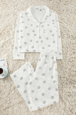 Kadın Moda Şık Gömlek Yaka Boru Paça Uzun Kol Pamuklu Çiçekli Kapli Cep Detaylı Örme Pijama Takımı