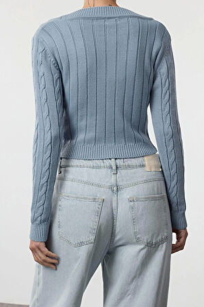 Kadın Moda Şık Kare Yaka Standart Kol Crop Saç Örgülü Triko Kazak