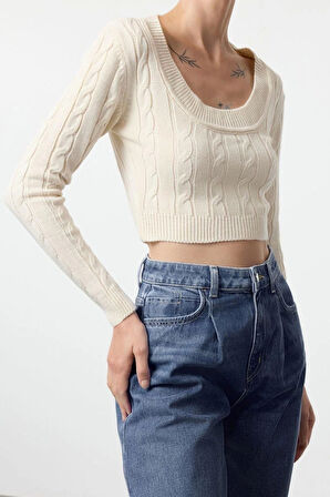 Kadın Moda Şık Kare Yaka Standart Kol Crop Saç Örgülü Triko Kazak