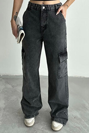 Kadın Moda Şık Kot Pantolon Geniş Paça Uzun Boy Denim Antrasit Kargo Cepli Yüksek Bel Jeans