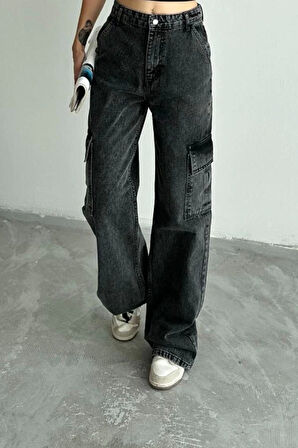 Kadın Moda Şık Kot Pantolon Geniş Paça Uzun Boy Denim Antrasit Kargo Cepli Yüksek Bel Jeans