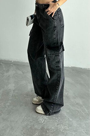 Kadın Moda Şık Kot Pantolon Geniş Paça Uzun Boy Denim Antrasit Kargo Cepli Yüksek Bel Jeans