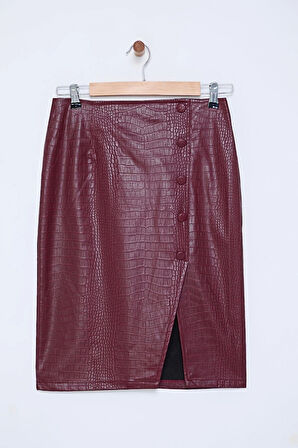 Kadın Moda Stil Midi Astarsız Dokuma Limited Edition Suni Yılan Derisi Yırtmaç Detaylı Dokuma Etek