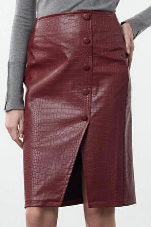 Kadın Moda Stil Midi Astarsız Dokuma Limited Edition Suni Yılan Derisi Yırtmaç Detaylı Dokuma Etek