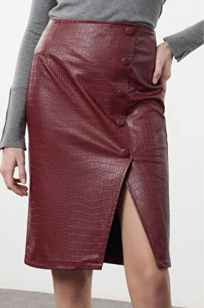 Kadın Moda Stil Midi Astarsız Dokuma Limited Edition Suni Yılan Derisi Yırtmaç Detaylı Dokuma Etek