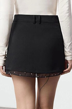 Kadın Moda Stil Mini Astarsız Dokuma Etek ucu Puantiyeli Şifon Kumaş Detaylı Mini Boy Dokuma Etek
