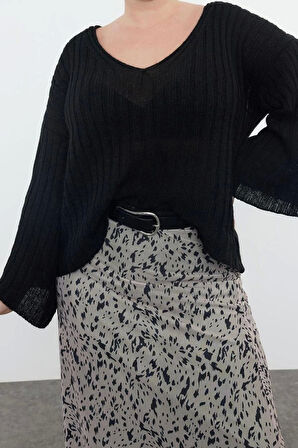 Kadın Moda Şık Büyük Beden V Yaka Düşük Kol Regular Fitilli Triko Kazak