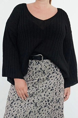 Kadın Moda Şık Büyük Beden V Yaka Düşük Kol Regular Fitilli Triko Kazak