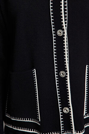 Kadın Moda Şık Polo Yaka Standart Kol Regular Renk Bloklu Triko Hırka