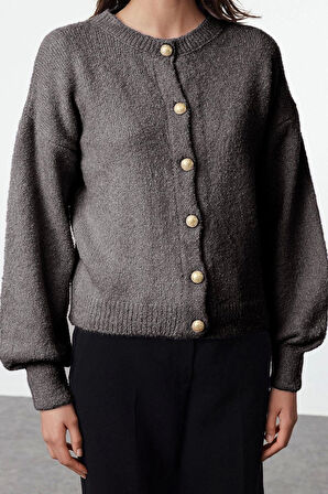 Kadın Moda Şık Bisiklet Yaka Standart Kol Regular Buklet Triko Hırka