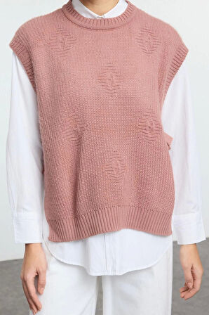 Kadın Moda Şık Tesettür Bisiklet Yaka Standart Kol Regular Bağlama Detaylı Triko Süveter