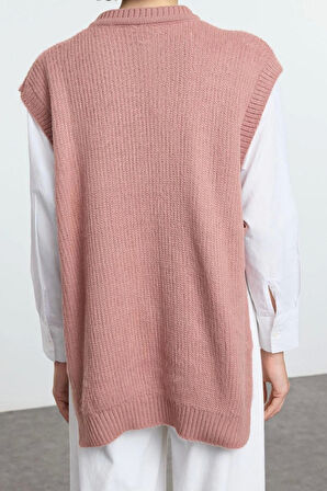 Kadın Moda Şık Tesettür Bisiklet Yaka Standart Kol Regular Bağlama Detaylı Triko Süveter