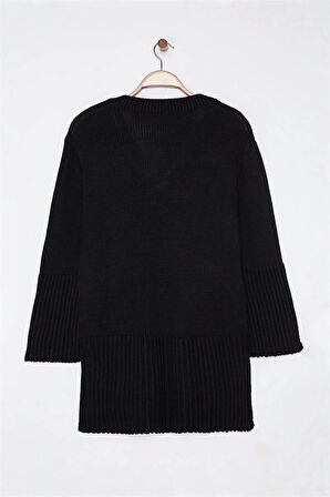 Kadın Moda Şık Büyük Beden V Yaka Düşük Kol Regular Yanları Yırtmaçlı Triko Kazak