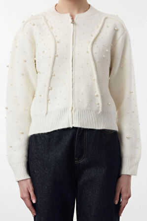 Kadın Moda Şık Bomber Yaka Standart Kol Regular Yumuşak Fermuarlı Taşlı Mont Görünümlü Triko Hırka