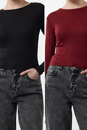 Kadın Moda Şık Crop Bisiklet Yaka Slim Kalıp Örme İkili Paket Kısa Fitted Vücuda Oturan Bluz