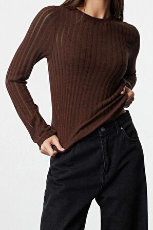 Kadın Moda Şık Regular Bisiklet Yaka Regular Kalıp Örme Transparan Triko Görünümlü Kumaş Boy Bluz