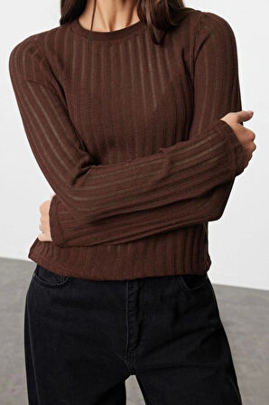 Kadın Moda Şık Regular Bisiklet Yaka Regular Kalıp Örme Transparan Triko Görünümlü Kumaş Boy Bluz