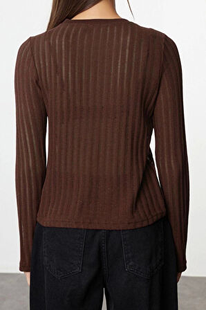 Kadın Moda Şık Regular Bisiklet Yaka Regular Kalıp Örme Transparan Triko Görünümlü Kumaş Boy Bluz