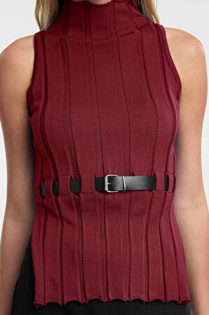 Kadın Moda Şık Dik Yaka Standart Kol Regular Kemerli Triko Süveter