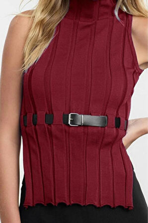 Kadın Moda Şık Dik Yaka Standart Kol Regular Kemerli Triko Süveter