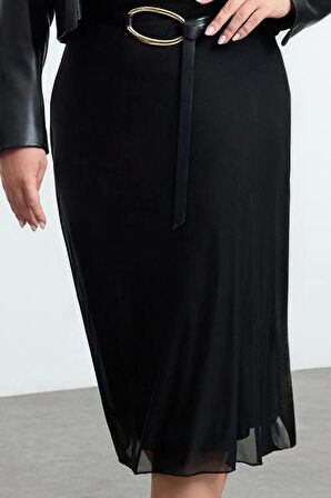 Kadın Moda Stil Midi Astarsız Örme Büyük Beden Tül Örme Etek