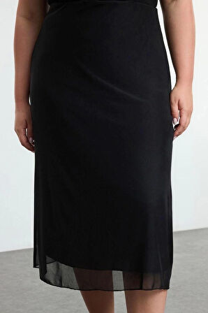 Kadın Moda Stil Midi Astarsız Örme Büyük Beden Tül Örme Etek
