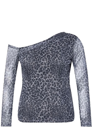 Kadın Moda Şık Büyük Beden Regular Asimetrik Yaka Slim Kalıp Örme Mesh Bluz