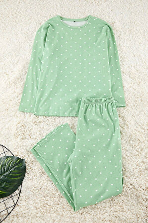 Kadın Moda Büyük Beden Bisiklet Yaka Boru Paça Uzun Kol Kalp ve Puantiye Desenli Örme Pijama Takımı